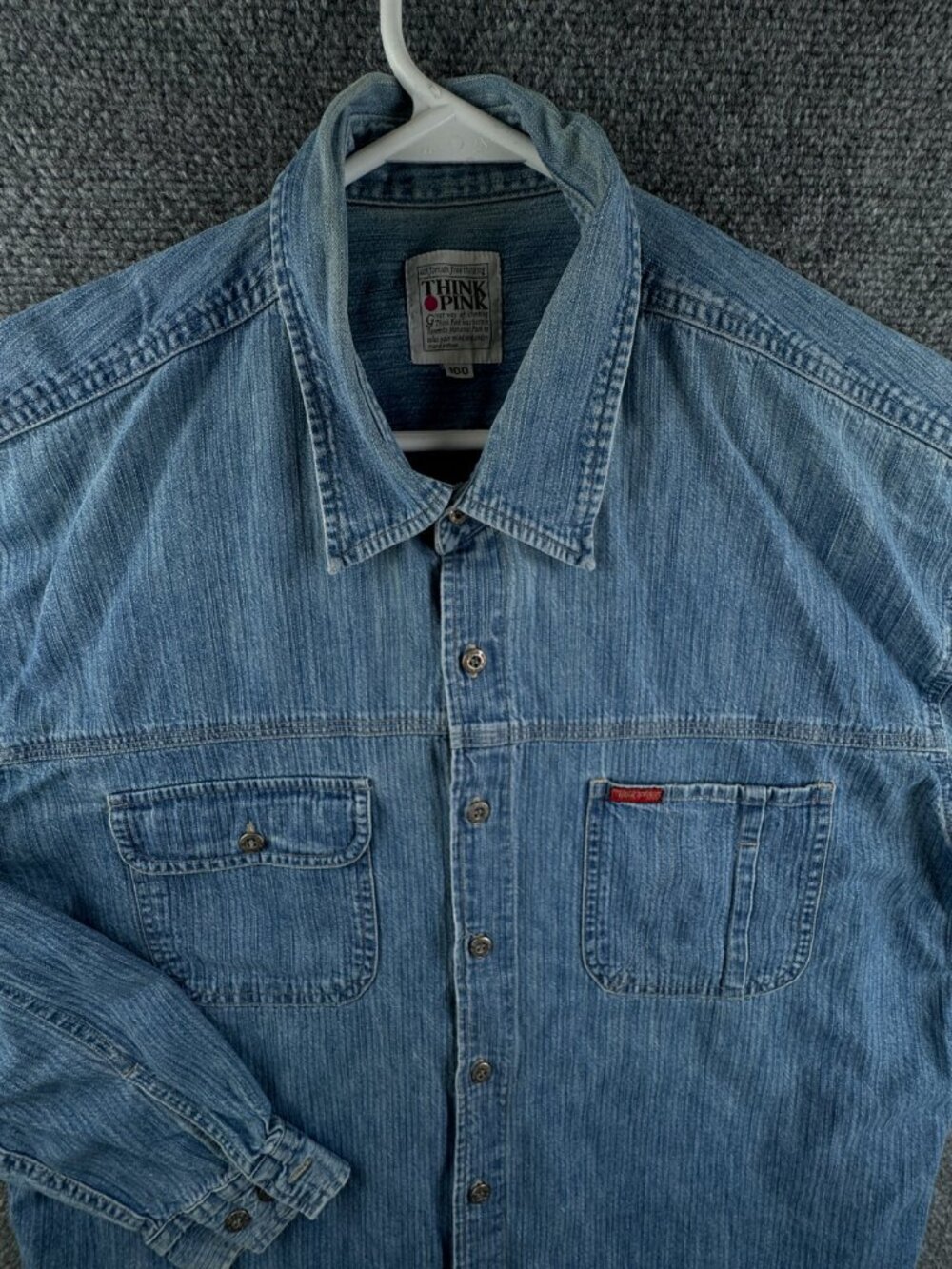 Think Pink Denim Men Long Sleeve Button Up Shirt Blue Size 100 (~XL) Pockets